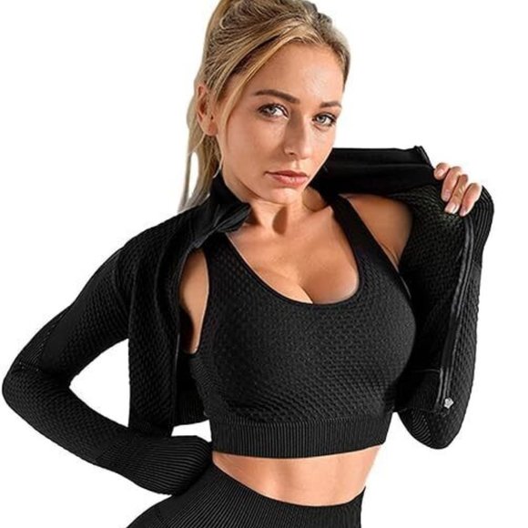 Women 3 PC Yoga Set Zipper Top Sport Suit Bra Workout Clothes Gym Fitness - Picture 8 of 9
